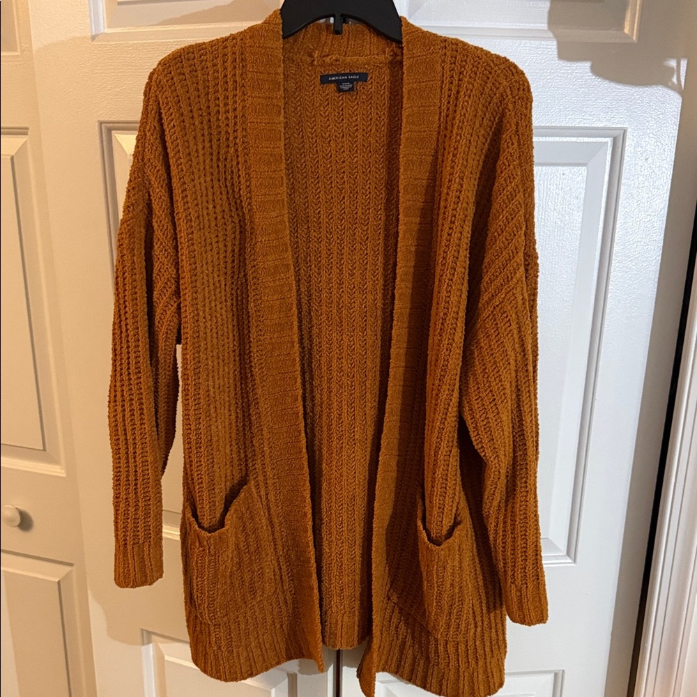 American Eagle Outfitters Open-Front Chunky Cardigan in Rust Orange